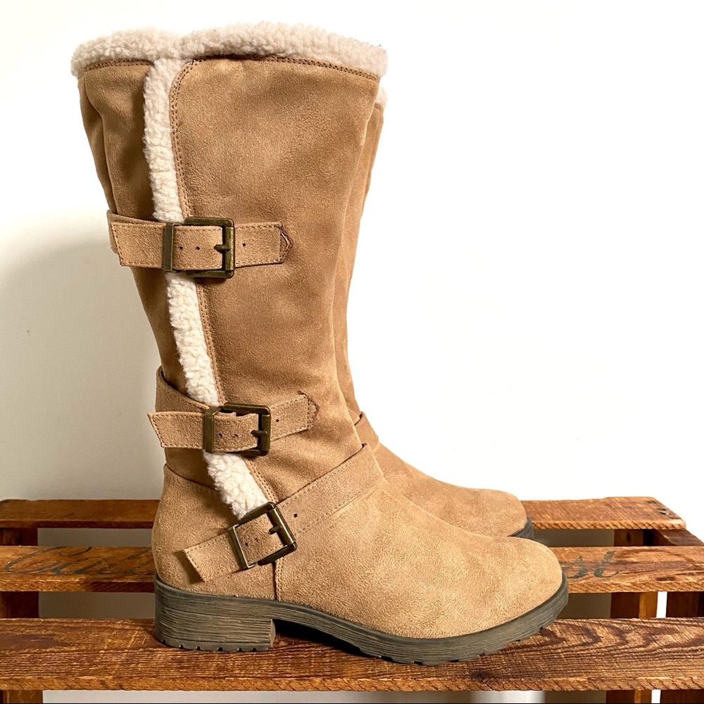 White Mountain Santell Riding Boots with Faux Fur Tan Suede